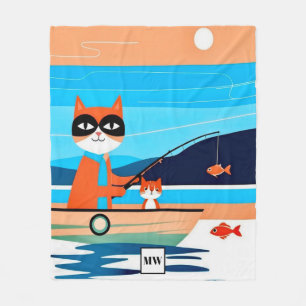 Couverture Polaire Chats blancs Abstraits pêchant dans un monogramme 