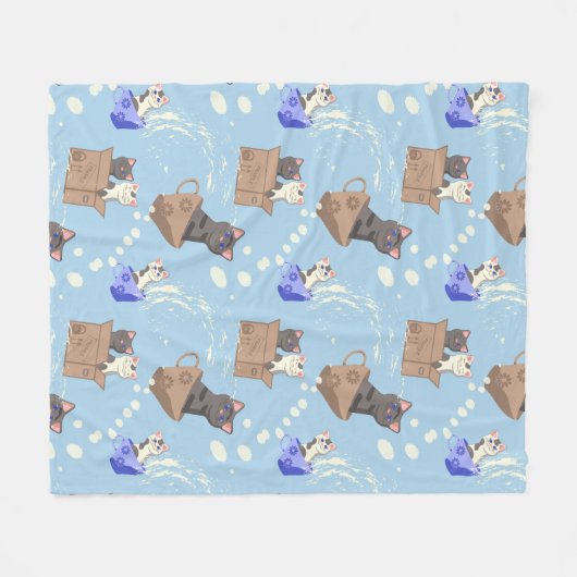Couverture Polaire Chats en boîte et gouttes de lait sur bleu (Devant (Horizontal))