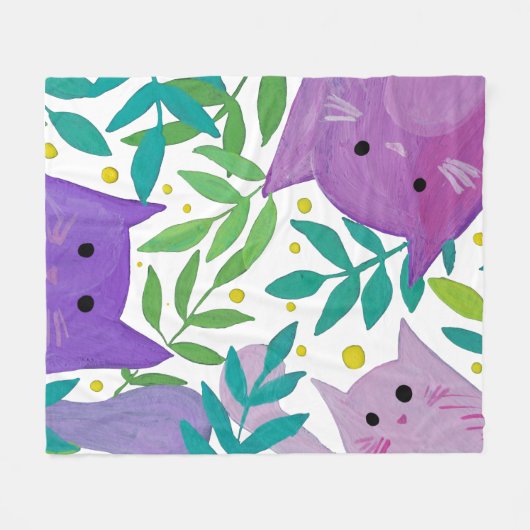 Couverture Polaire Chats et branches - violet et vert (Devant (Horizontal))