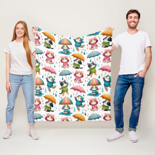 Couverture Polaire Chats et chiens à plume mignonne avec parapluies (En situation)