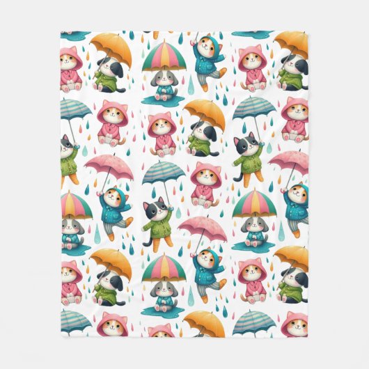 Couverture Polaire Chats et chiens à plume mignonne avec parapluies (Devant)