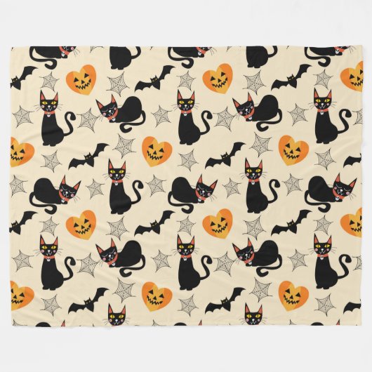 Couverture Polaire Chats noirs d'Halloween, Citrouilles, chauves-sour (Devant (Horizontal))