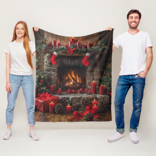 Couverture Polaire Cheminée de Noël Cônes de pin Bougies rouges  