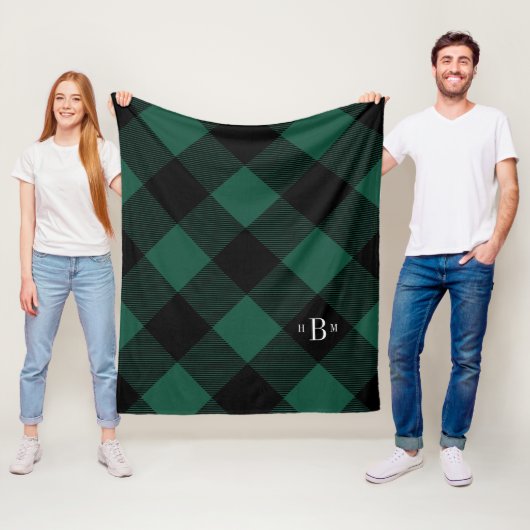Couverture Polaire Chèque de Buffle Vert Monogramme à trois lettres (En situation)