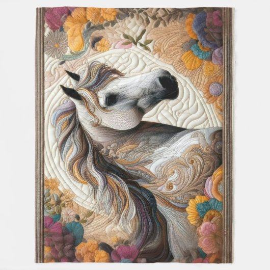 Couverture Polaire Cheval blanc courbé et fleurs (Devant)