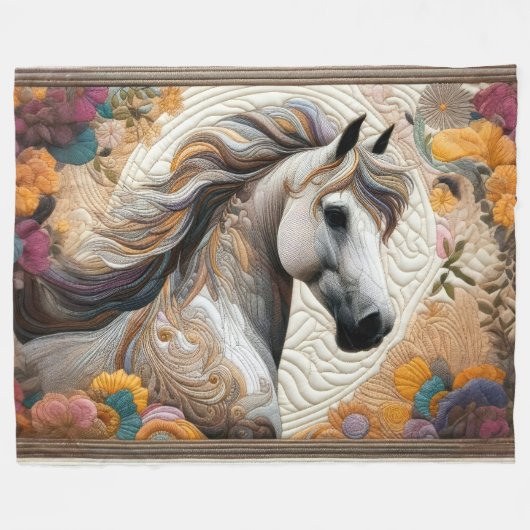 Couverture Polaire Cheval blanc courbé et fleurs (Devant (Horizontal))