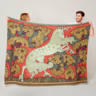 Couverture Polaire CHEVAL BLANC RAMPANT, ARBRES EN BOIS Art Nouveau