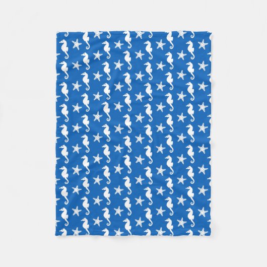 Couverture Polaire Cheval de mer et poisson d'eau - blanc sur bleu co (Devant)