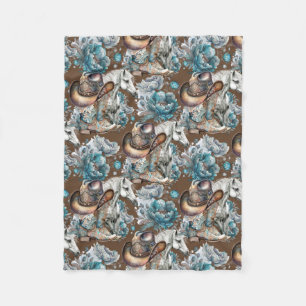 Couverture Polaire Cheval fille cowgirl motif floral turquoise