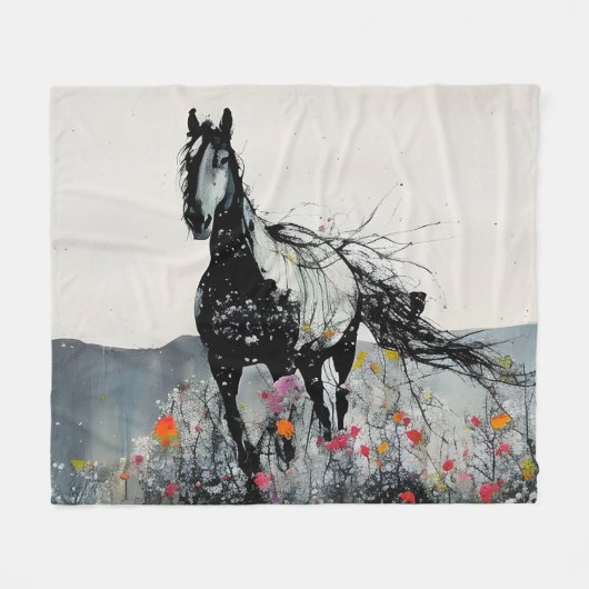 Couverture Polaire Cheval noir en Fleur sauvage (Devant (Horizontal))