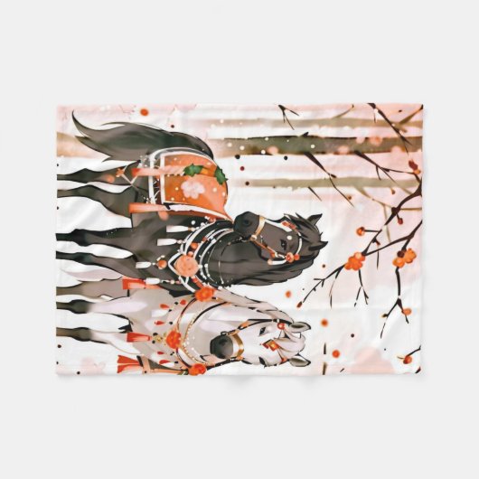 Couverture Polaire Chevaux dans une forêt rouge (Devant (Horizontal))