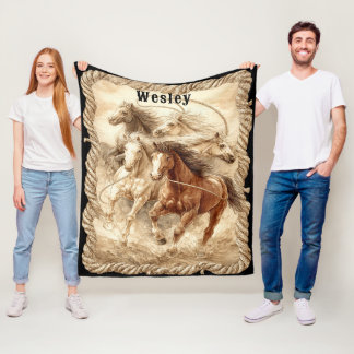 Couverture Polaire Chevaux Sauvages Étalons Corde Lasso