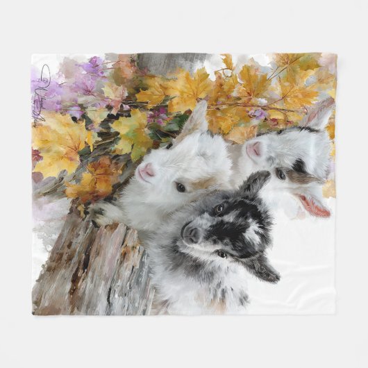Couverture Polaire Chèvres en feuillage d'automne 1 (Devant (Horizontal))