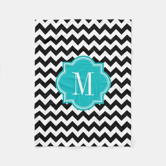 Couverture Polaire Chevron noir et blanc avec le monogramme turquoise (Devant)