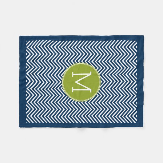 Couverture Polaire Chevrons bleu marine et vert citron Monogramme sim (Devant (Horizontal))