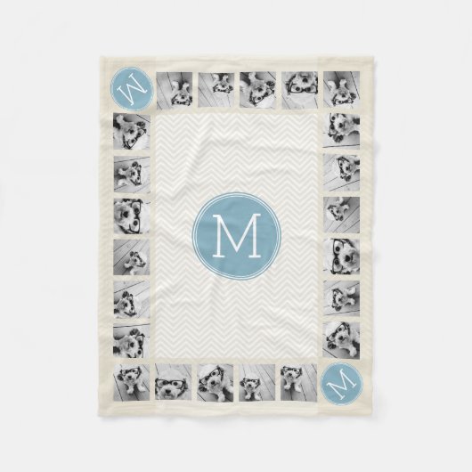 Couverture Polaire Chevrons Bleus Pastel et Lin Monogrammes Blancs (Devant)