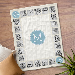 Couverture Polaire Chevrons Bleus Pastel et Lin Monogrammes Blancs