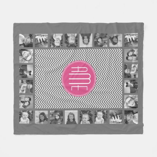 Couverture Polaire Chevrons gris et rose avec Monogramme personnalisé (Devant (Horizontal))