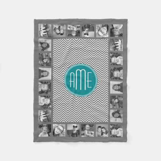 Couverture Polaire Chevrons turquoises au charbon de bois Monogramme (Devant)