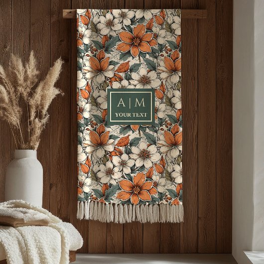 Couverture Polaire Chic Autumn Flowers Pastel Green Rust Colors