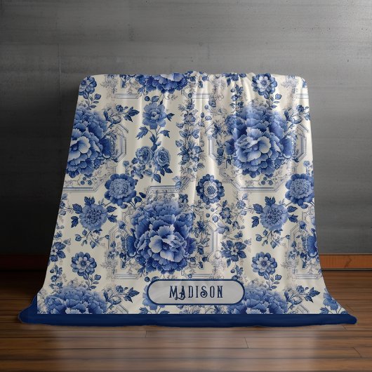 Couverture Polaire Chic Bleu blanc à fleurs chinoiserie toile monogra