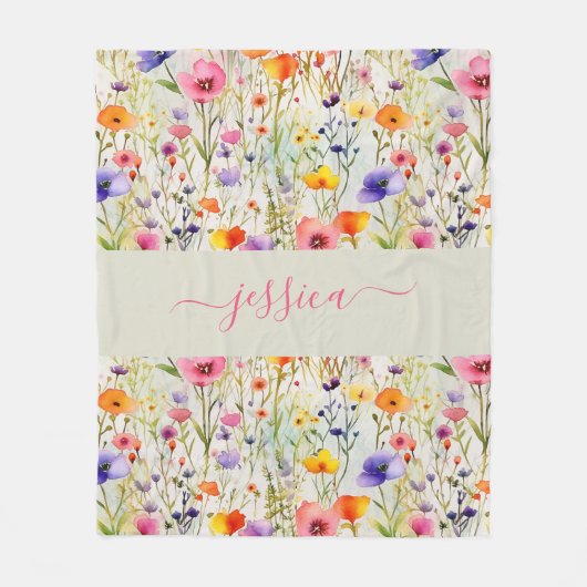 Couverture Polaire Chic colorful wildflowers watercolor script name (Devant)