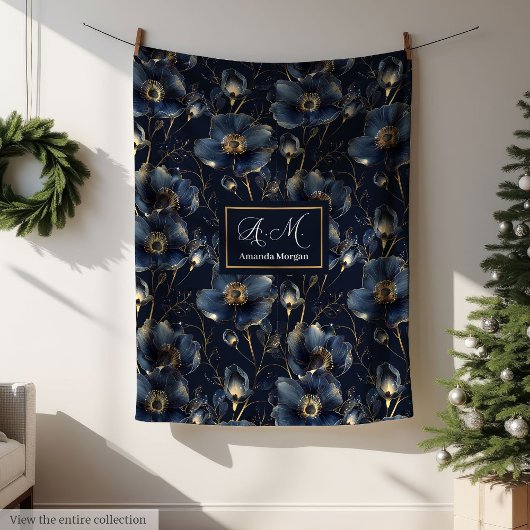 Couverture Polaire Chic Navy Gold Throw Elegant Monogram Gift Idea