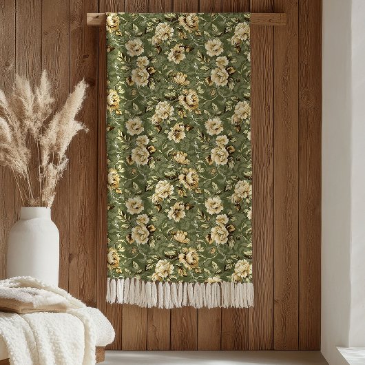 Couverture Polaire Chic plaid botanique vert sauge et style or