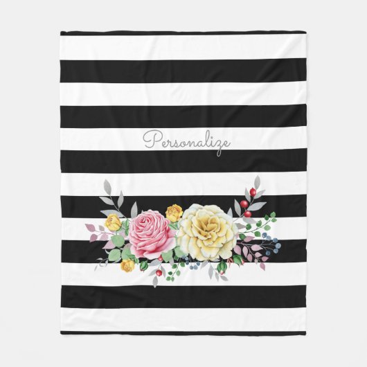 Couverture Polaire Chic Rose Floral tendance rayures noires et nom (Devant)