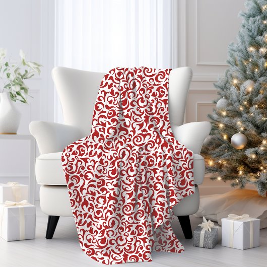 Couverture Polaire Chic rouge foncé blanc Damas Floral Art Motif