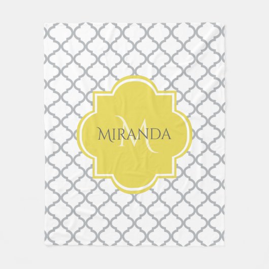 Couverture Polaire Chic White Grey Quatrefoil Yellow Monogramme Nom (Devant)