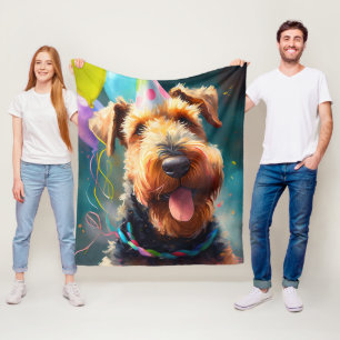 Couverture Polaire Chien Airedale avec casquette d'anniversaire et ba