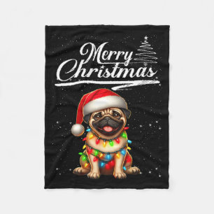 Couverture Polaire Chien Carlin Drôle Lumières de Noël Chapeau de Pèr