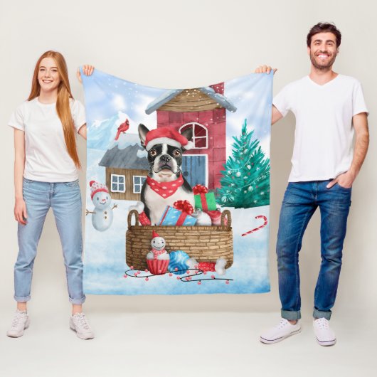 Couverture Polaire Chien de Boston Terrier dans la neige Maison de Ch (En situation)