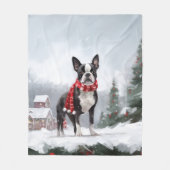 Couverture Polaire Chien de Boston Terrier pendant Noël de neige (Devant)