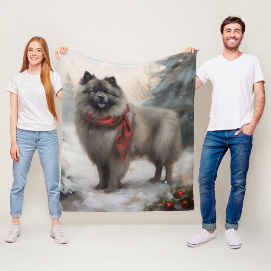 Couverture Polaire Chien de Keeshond à Noël de neige (En situation)