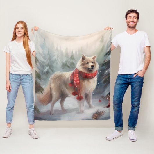 Couverture Polaire Chien de lappund finlandais à Noël de neige (En situation)