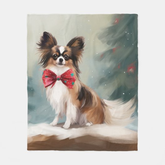 Couverture Polaire Chien de Papillon à Noël de neige (Devant)