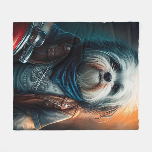 Couverture Polaire Chien Havanais en vélo peinture numérique (Devant (Horizontal))