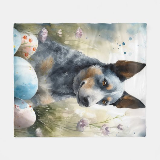 Couverture Polaire Chien Heeler bleu avec oeufs de Pâques vacances (Devant (Horizontal))