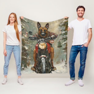 Couverture Polaire Chien Malinois Belge à moto Noël