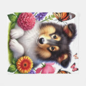 Couverture Polaire Chien-mouton Shetland avec fleurs et papillons (Devant (Horizontal))