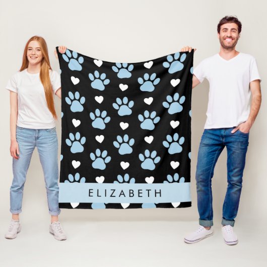 Couverture Polaire Chien Paws, Blue Paws, White Hearts, Votre Nom (En situation)