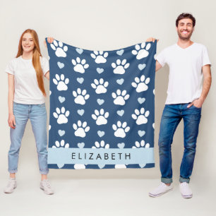 Couverture Polaire Chien Paws, White Paws, Blue Hearts, Votre Nom