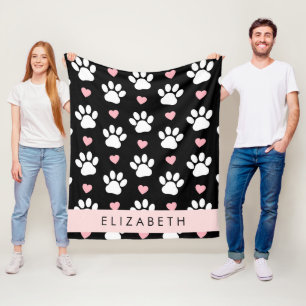 Couverture Polaire Chien Paws, White Paws, Rose Hearts, Votre Nom