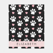 Couverture Polaire Chien Paws, White Paws, Rose Hearts, Votre Nom (Devant)
