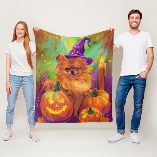Couverture Polaire Chien Poméranien éffrayant Halloween sorcière et C (En situation)