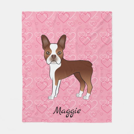 Couverture Polaire Chien Red Boston Terrier Sur Coeurs Rose Et Nom (Devant)