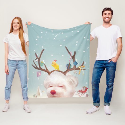 Couverture Polaire Chien renne avec ornements de Noël (En situation)