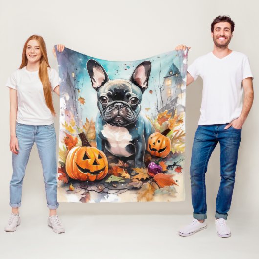 Couverture Polaire Chien-taureau français d'Halloween avec la peur Ci (En situation)